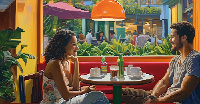 Two friends at a colorful Brazilian café, smiling and maintaining eye contact during a conversation, surrounded by vibrant decor and warm lighting.