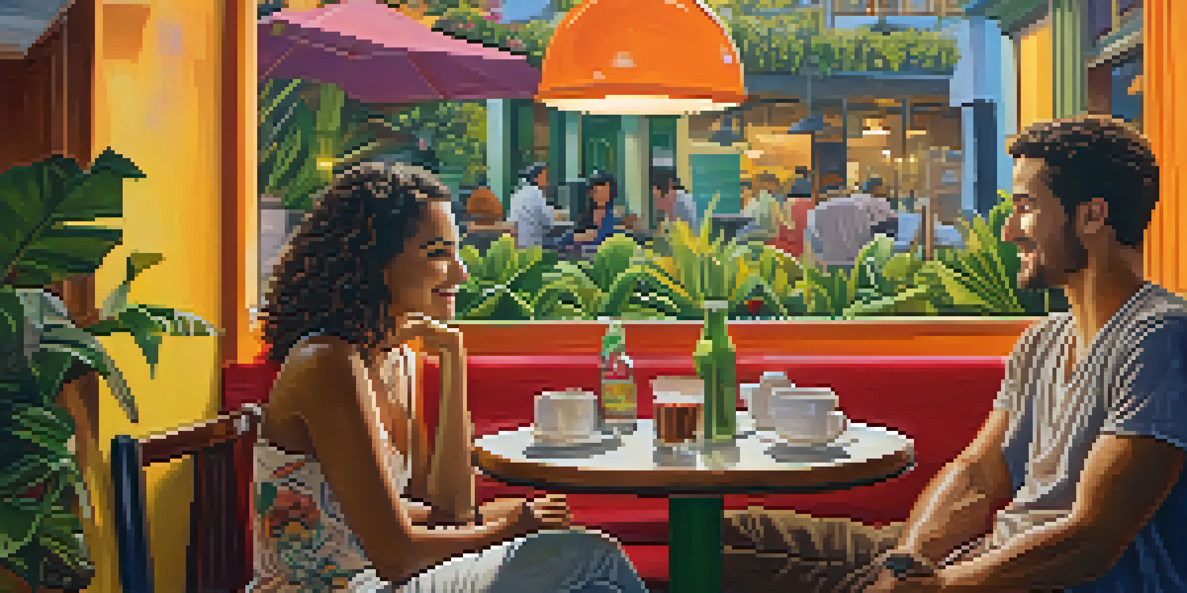 Two friends at a colorful Brazilian café, smiling and maintaining eye contact during a conversation, surrounded by vibrant decor and warm lighting.