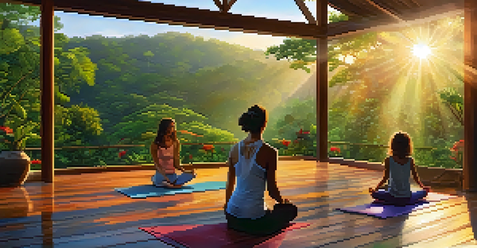 A family practicing yoga on a deck surrounded by a lush rainforest in Brazil during sunrise.