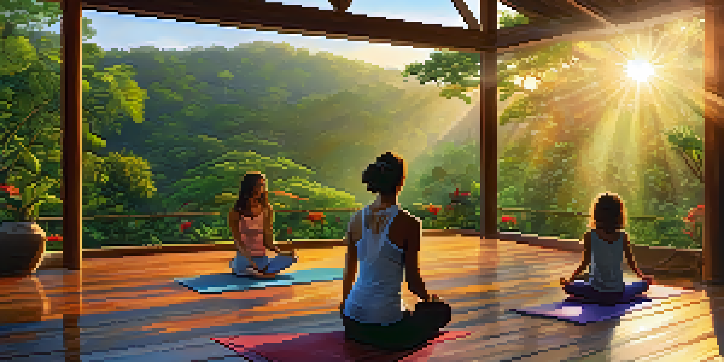 A family practicing yoga on a deck surrounded by a lush rainforest in Brazil during sunrise.