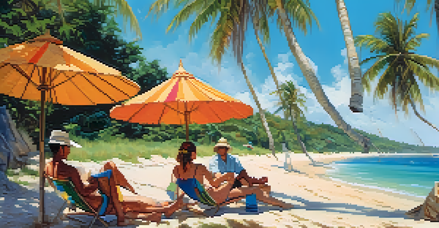 A peaceful beach view in Trancoso with friends under umbrellas on the sandy shore and palm trees in the background.