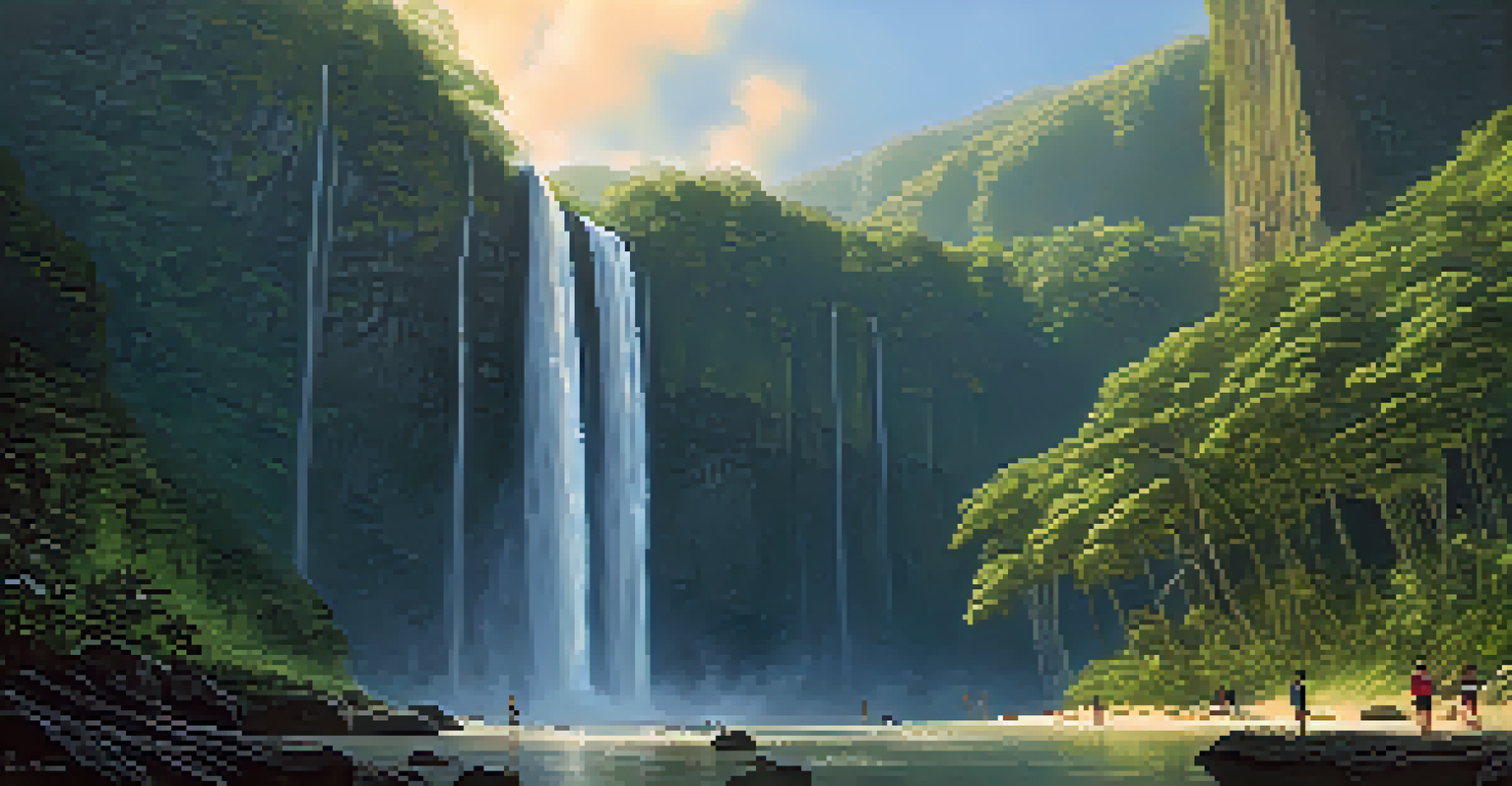 A dramatic view of Cachoeira do Tabuleiro waterfall with hikers at the base and lush greenery around.