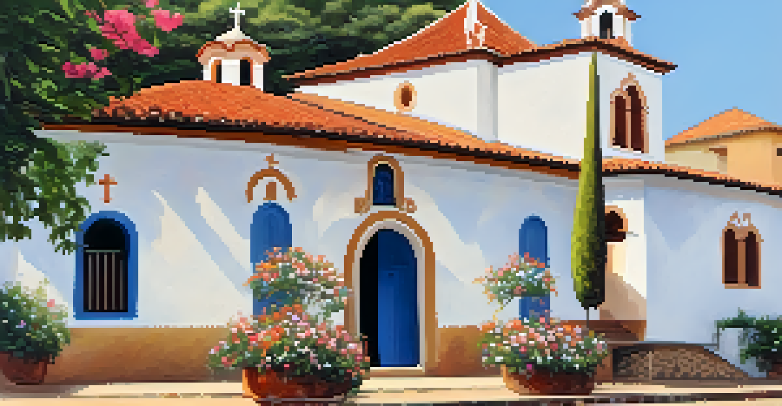 A picturesque church with a charming facade surrounded by flowers and a small town in soft afternoon light.