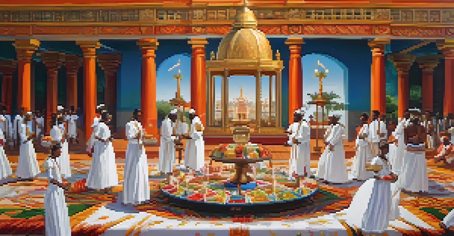 A Candomblé ceremony with participants in white garments dancing around an altar filled with offerings.
