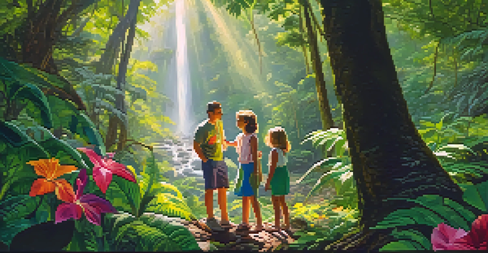 A family of four walking through a vibrant rainforest, with sunlight filtering through the trees and a waterfall visible in the background.