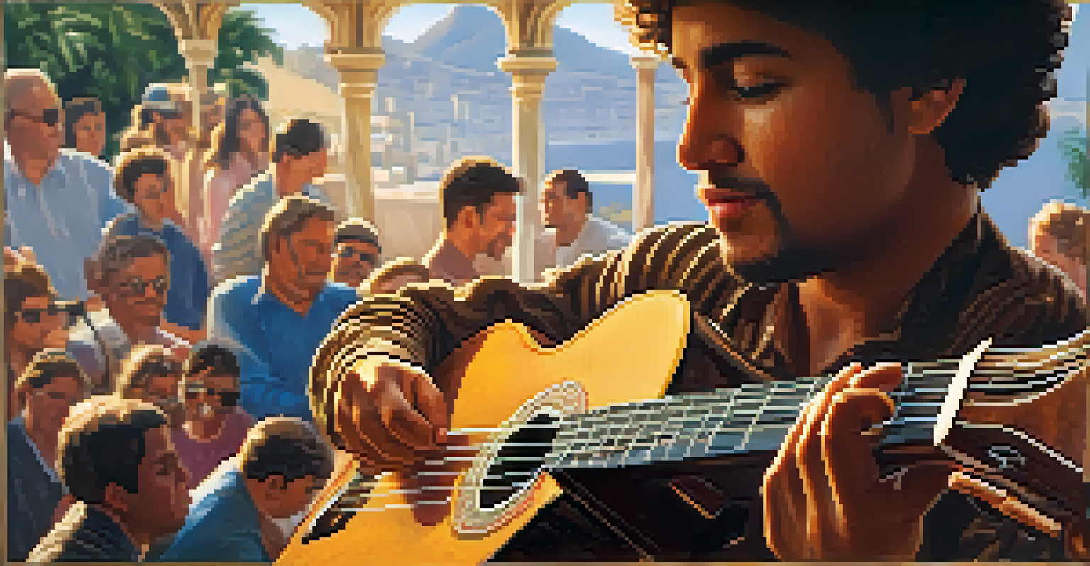 A close-up of a cavaquinho with detailed carvings, being played by a musician amidst a festive gathering.
