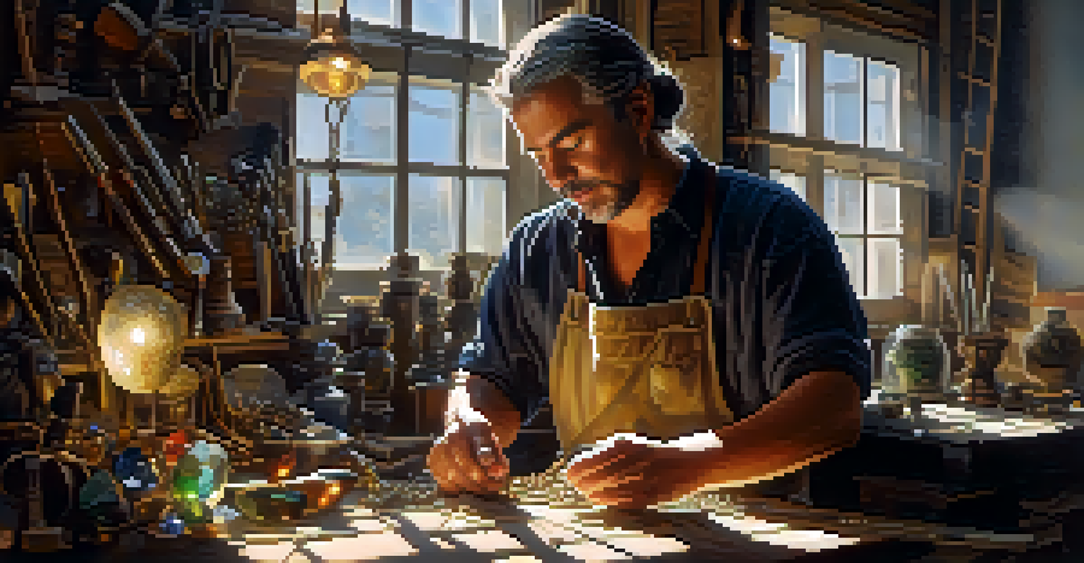 An artisan working on jewelry in a sunlit workshop, surrounded by tools and materials, demonstrating craftsmanship.