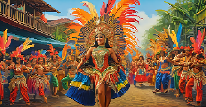 A lively street scene at the Festival of Parintins, featuring performers in bright costumes and an engaged audience, illuminated by the warm glow of sunset.