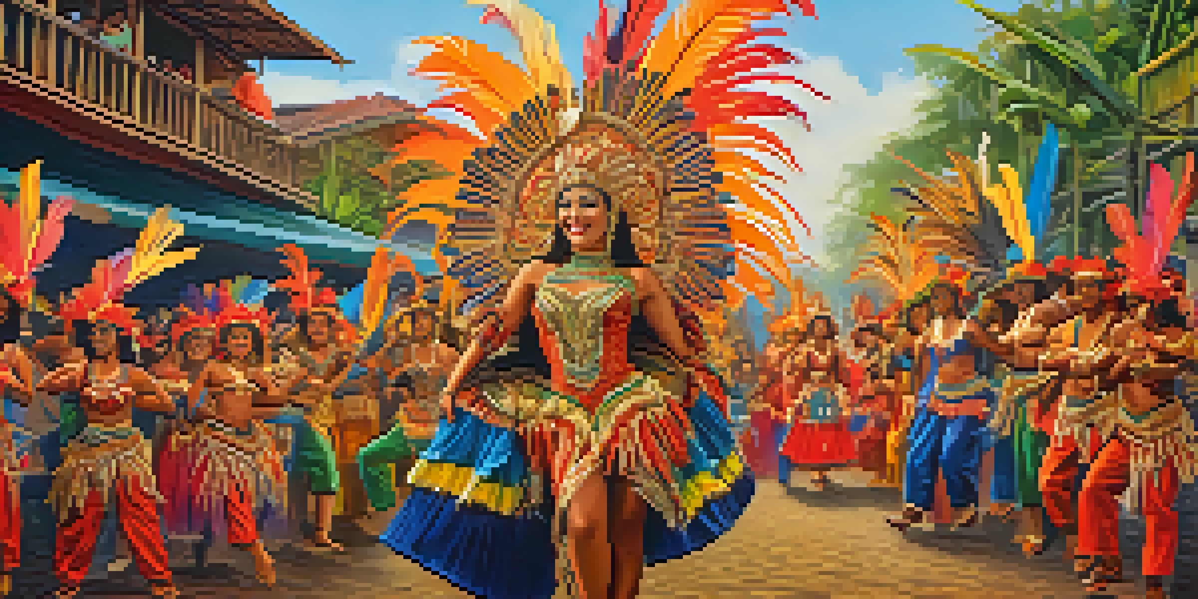 A lively street scene at the Festival of Parintins, featuring performers in bright costumes and an engaged audience, illuminated by the warm glow of sunset.