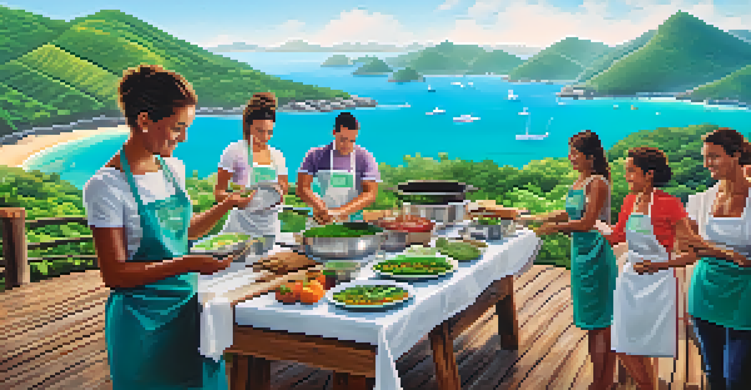 People participating in an outdoor cooking class in Brazil, preparing healthy dishes with fresh ingredients and a coastal view in the background.