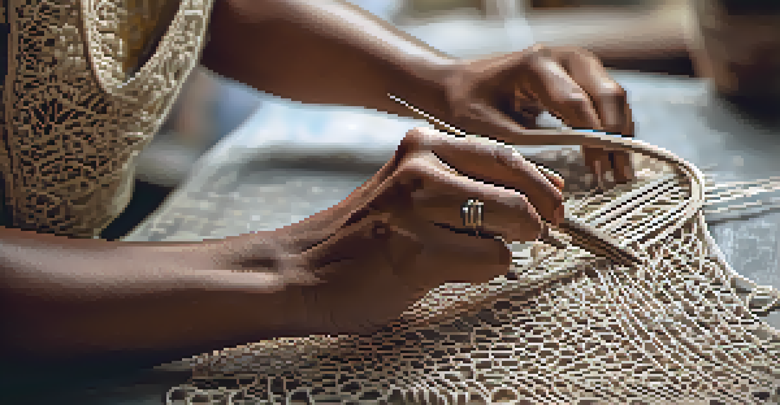 Close-up of an artisan's hands weaving delicate lace, with a blurred workshop background and warm light highlighting their focus.