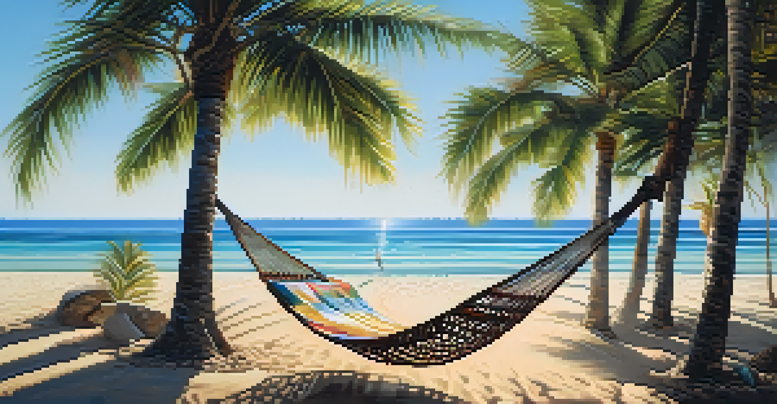 A shaded beach area with a hammock under a palm tree, featuring a cooler with fruits and drinks.