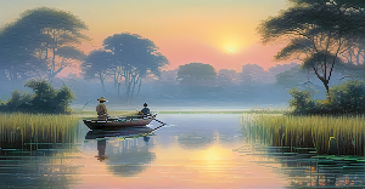 A small boat on calm waters in the Pantanal at dawn, surrounded by mist, trees, and colorful birds in flight.
