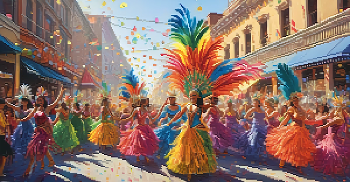 A lively Carnival parade with dancers in bright costumes and a cheering crowd in the background.
