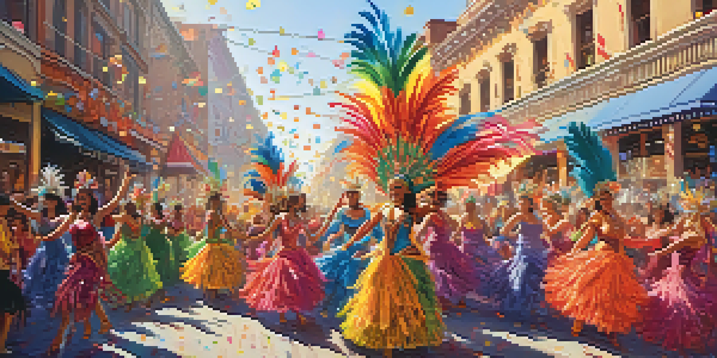 A lively Carnival parade with dancers in bright costumes and a cheering crowd in the background.