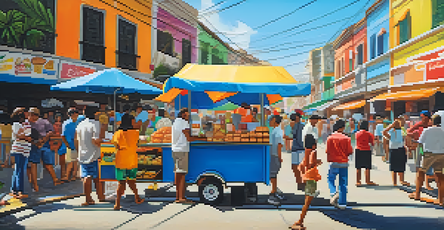 A busy street vendor cart selling Coxinha snacks, with people happily enjoying the crispy treats in a colorful urban setting.