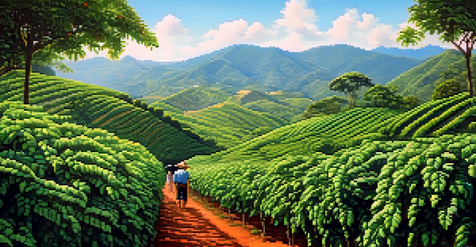 A scenic view of a Brazilian coffee farm with green coffee plants, mountains in the background, and a farmer inspecting coffee cherries under bright sunlight.