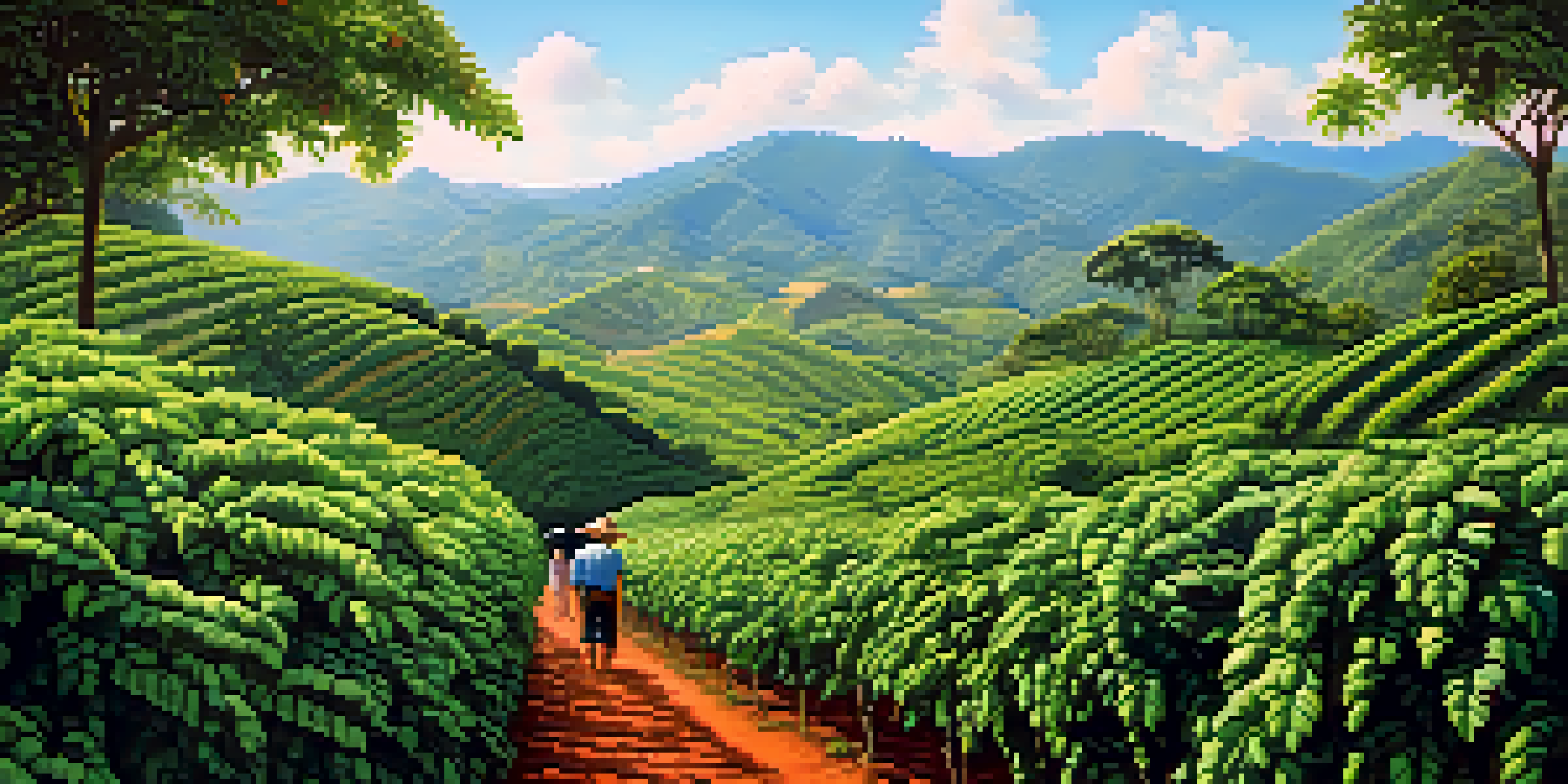 A scenic view of a Brazilian coffee farm with green coffee plants, mountains in the background, and a farmer inspecting coffee cherries under bright sunlight.