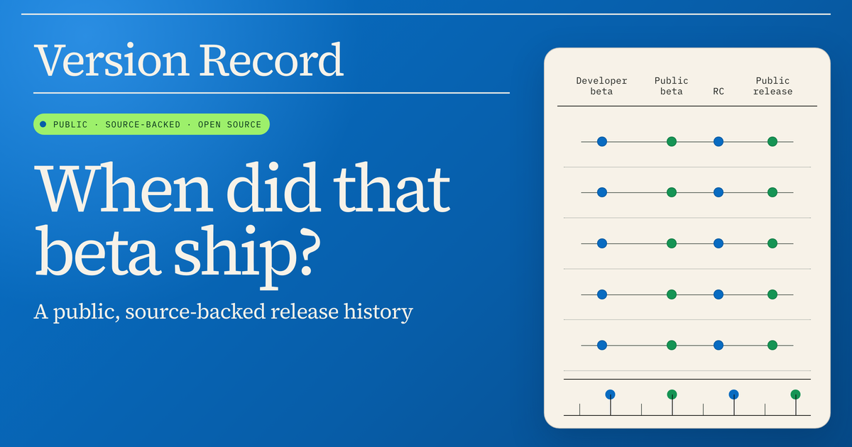 Version Record launch graphic asking ‘When did that beta ship?’ beside an abstract timeline of developer betas, public betas, release candidates, and public releases.