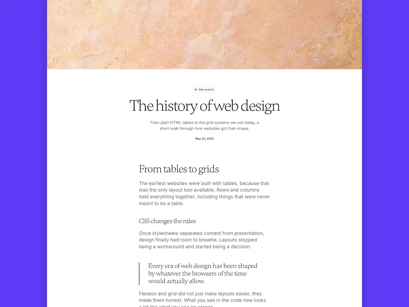 Notes Journal article page with cover image, headline and body text