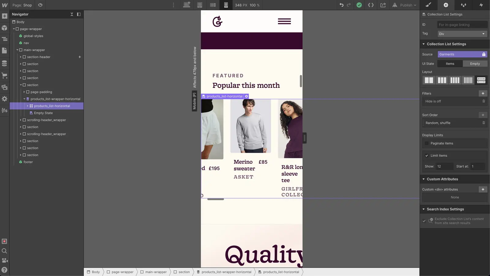 Showing a bug of the product images in Webflow
