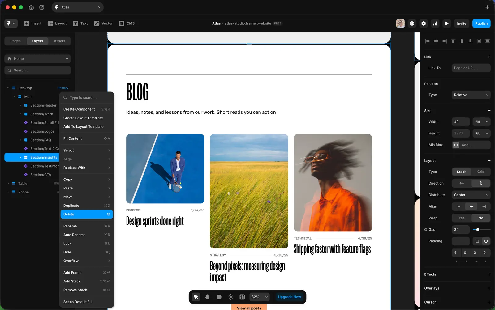 A section selected in the Atlas template with its right-click menu open. Hide sits near the top of the menu — useful when you want to keep a section in the file but not show it on this page.