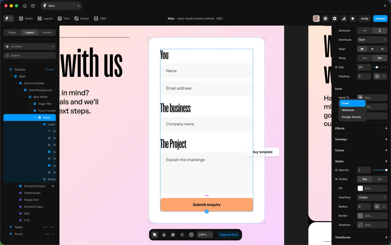 The contact form in the Atlas template with the Send To property open in the right panel. Options include Email, Webhook, and Google Sheets.
