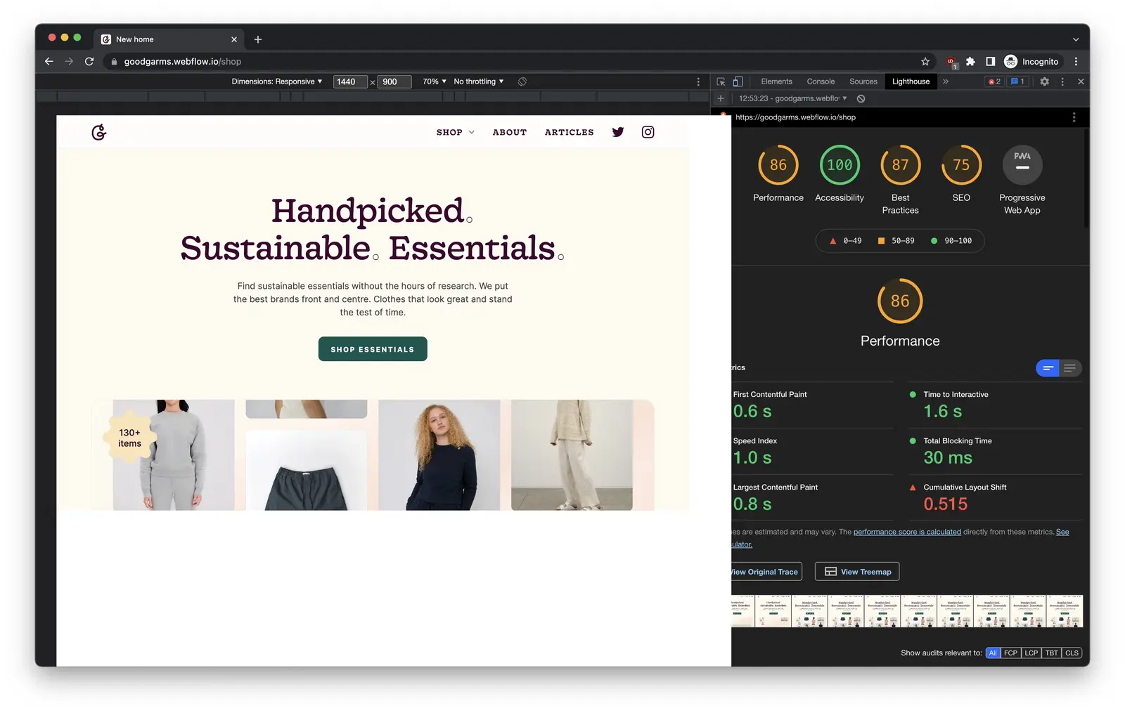 Google Lighthouse showing the performance, accessibility, best practices, and SEO scores