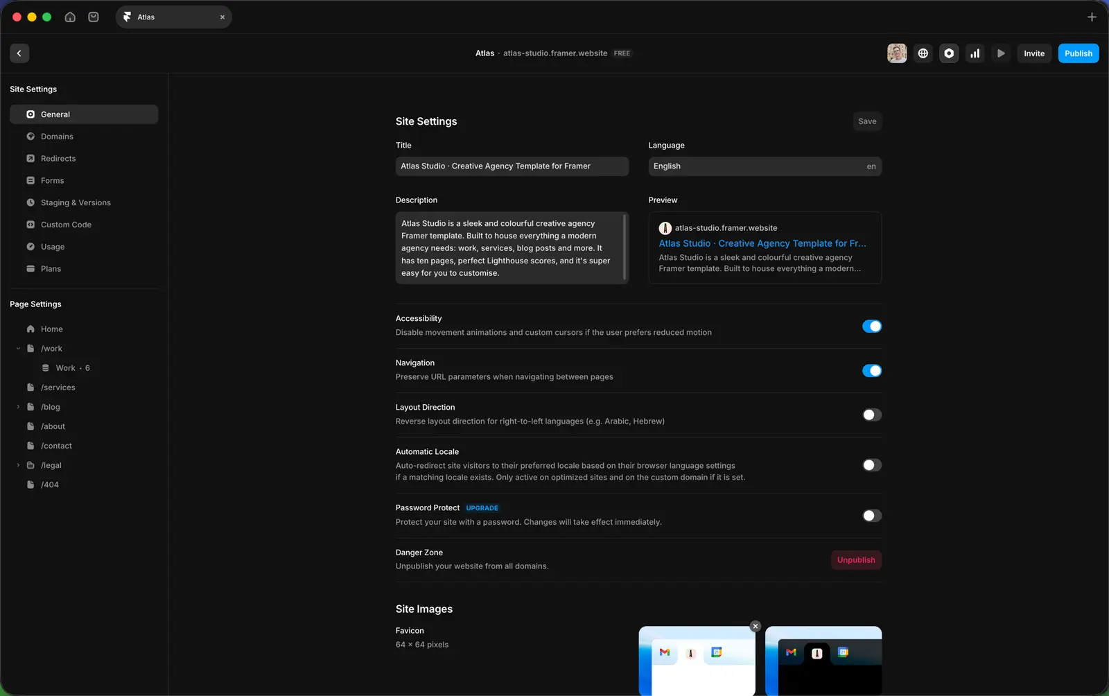 Site Settings in the Atlas template. Fields for Title, Description, Language, Accessibility toggles, and Password Protect are shown.