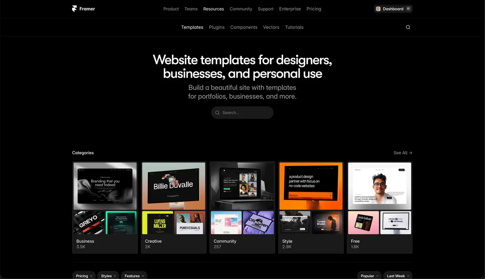 The Framer marketplace, where you pick a template. Templates listed by category — pick one for the structure it offers, not the style choices in the demo.
