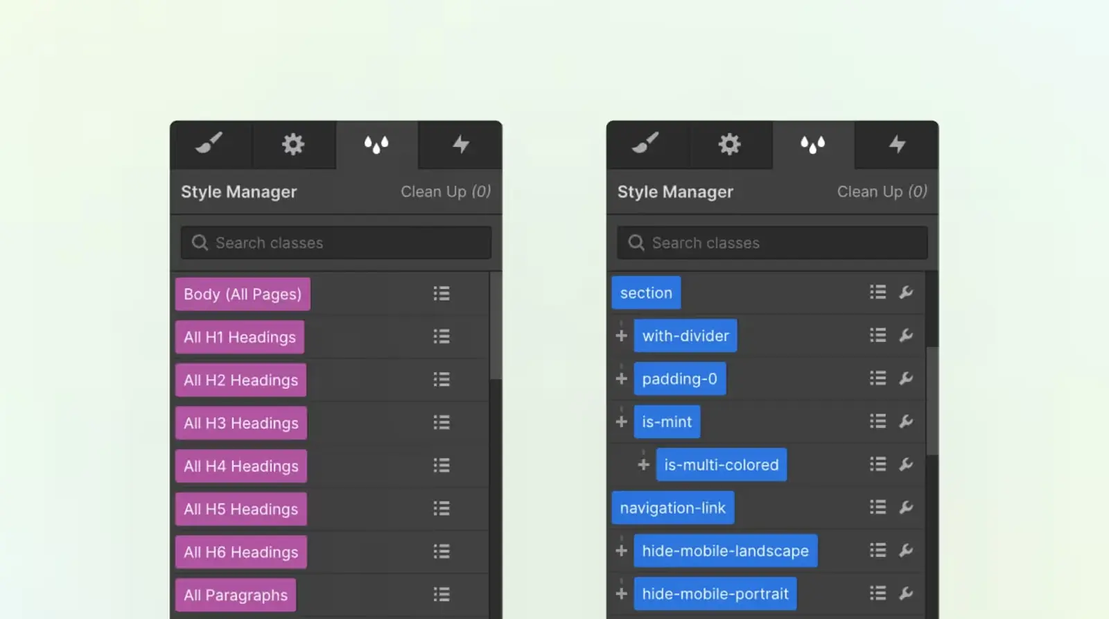 Showing pink tags and blue classes in the Webflow style manager