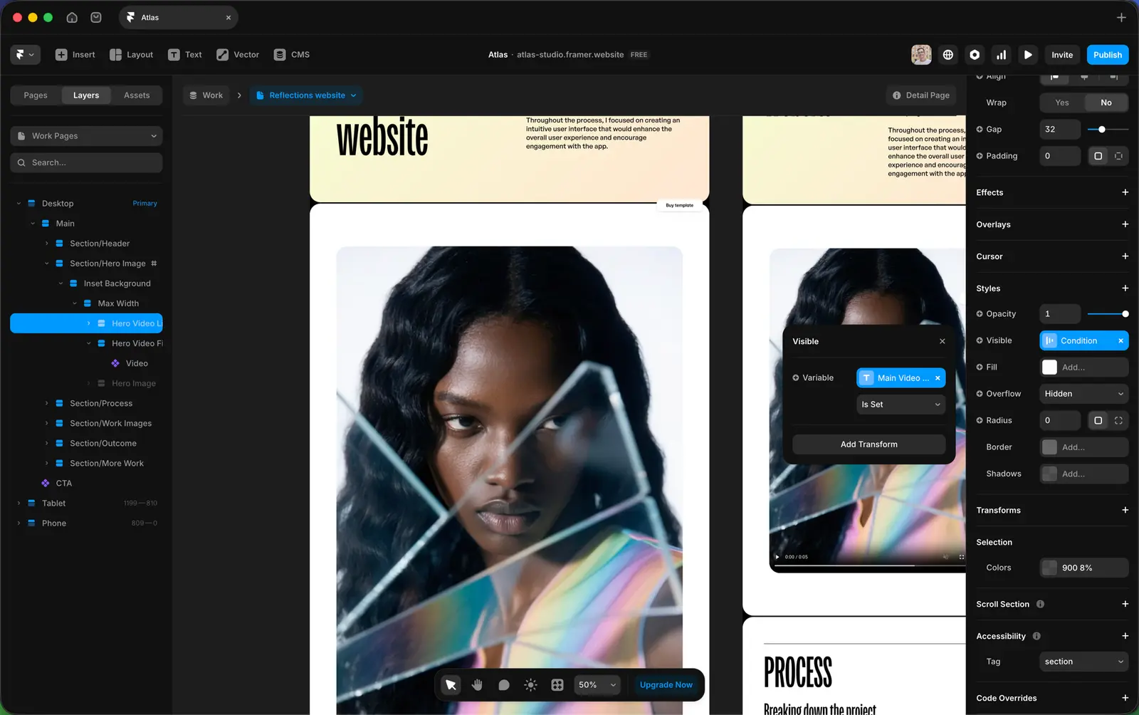 A section’s Visibility in the Atlas template set to Conditional, bound to a CMS variable. Some CMS entries show this section, others skip it — driven by a single boolean field rather than separate page templates.