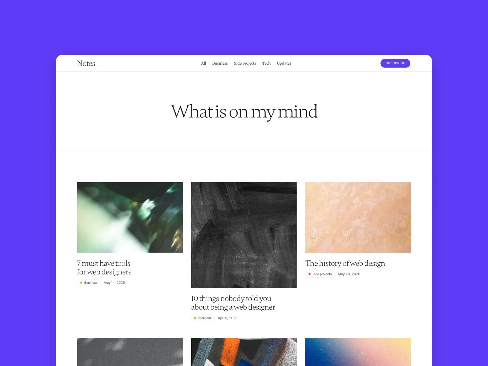 Notes Journal template home page with a serif headline and post grid