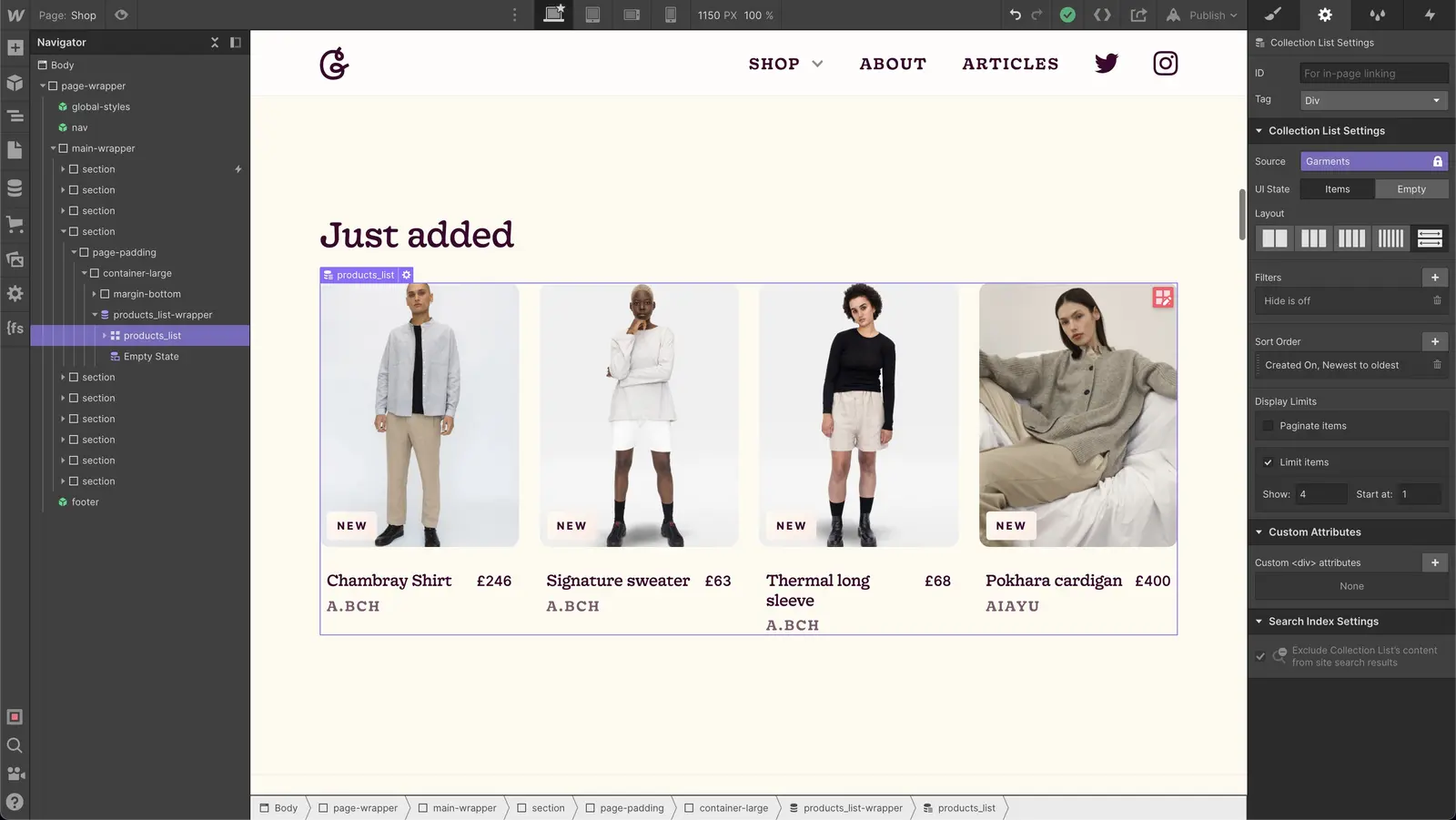 Showing how the just added section works in Webflow