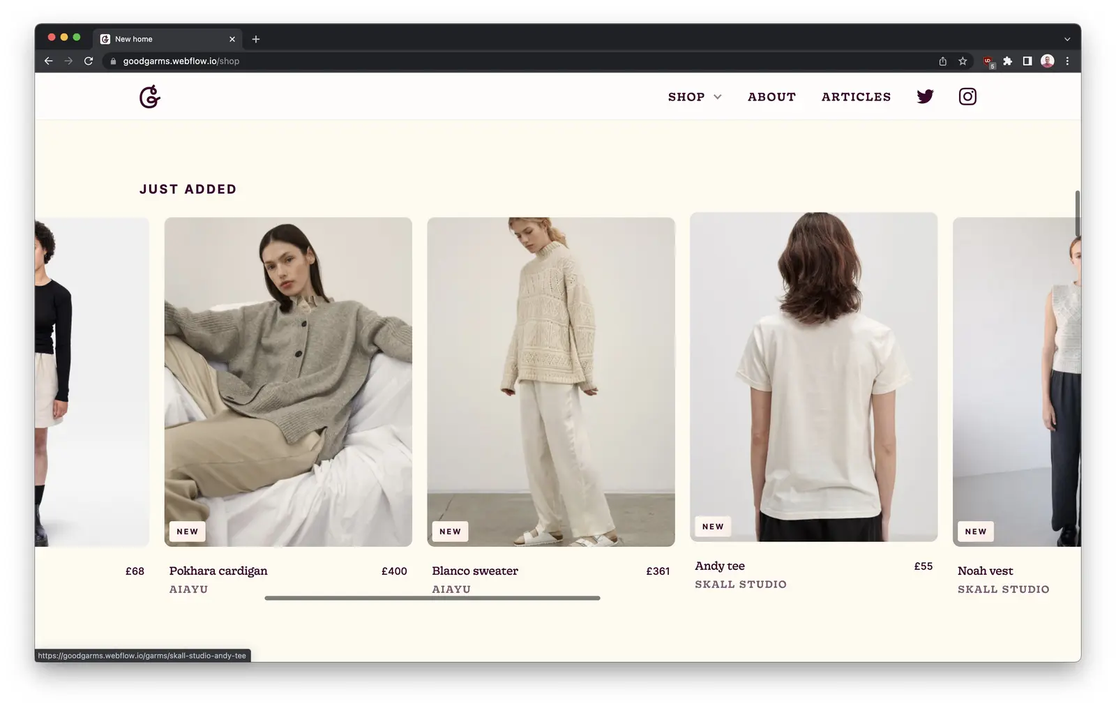 Horizontally scrollable product section