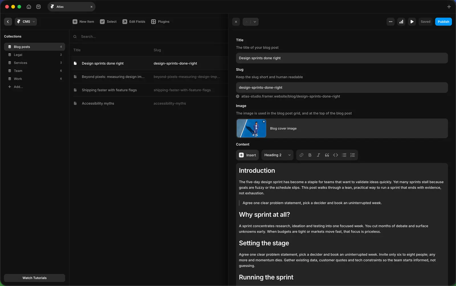 The CMS panel in the Atlas template. Collections listed on the left (Blog posts, Legal, Services), entries in the middle, and the entry’s fields on the right (Title, Slug, Image, Content).