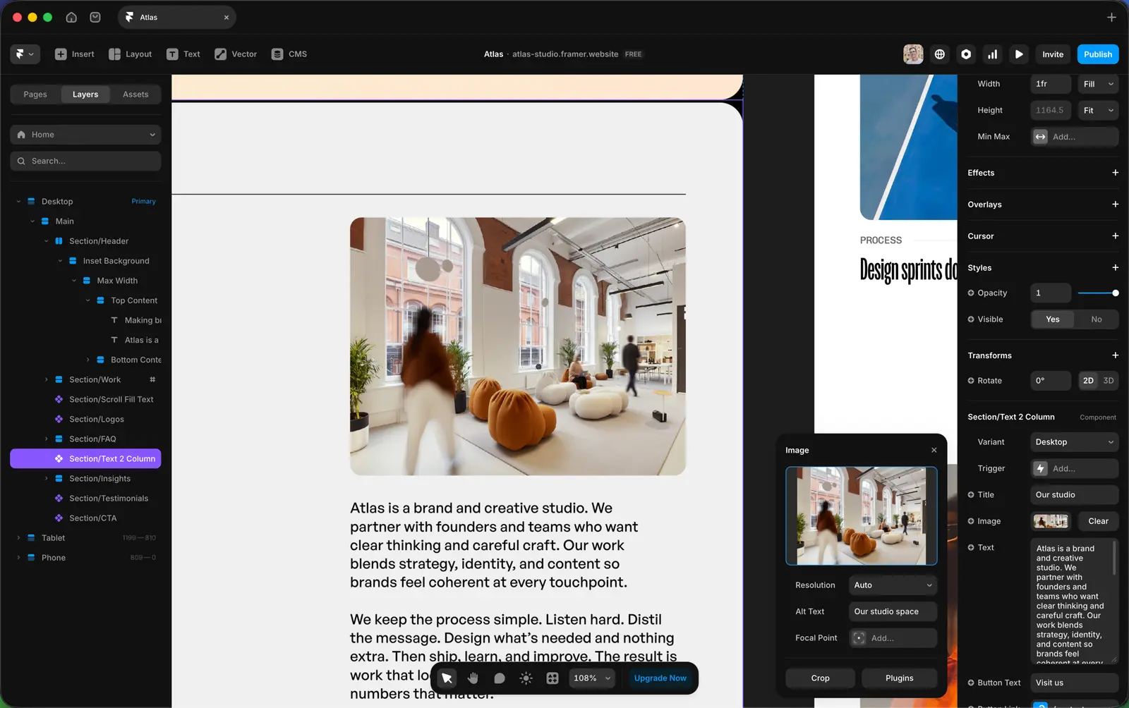 An image block selected in the Framer editor. The right panel shows Image properties including Alt Text, Resolution, and Focal Point.