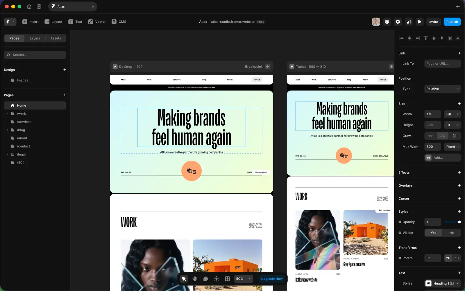 The Framer editor interface with four panels: Pages on the left, the canvas in the middle showing Desktop and Tablet views of the Atlas template, and properties on the right. Top toolbar runs across the top with Preview and Publish.