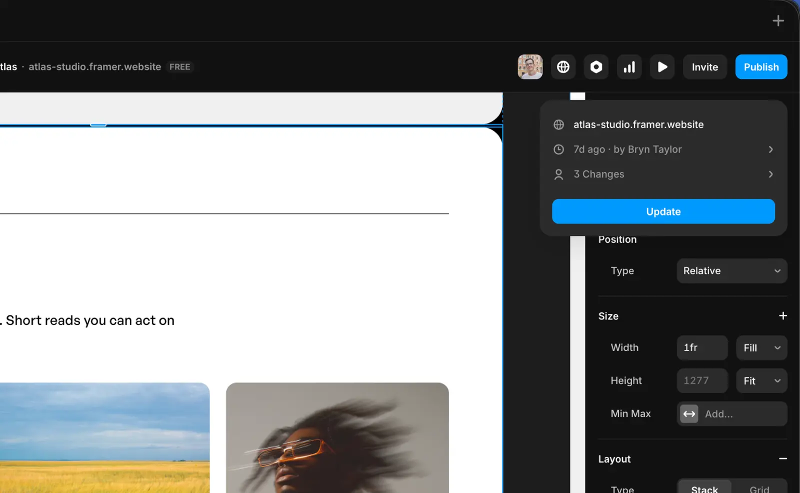 The Publish panel in the Atlas template showing the framer.website subdomain, recent changes count, and the Update button that pushes edits live.