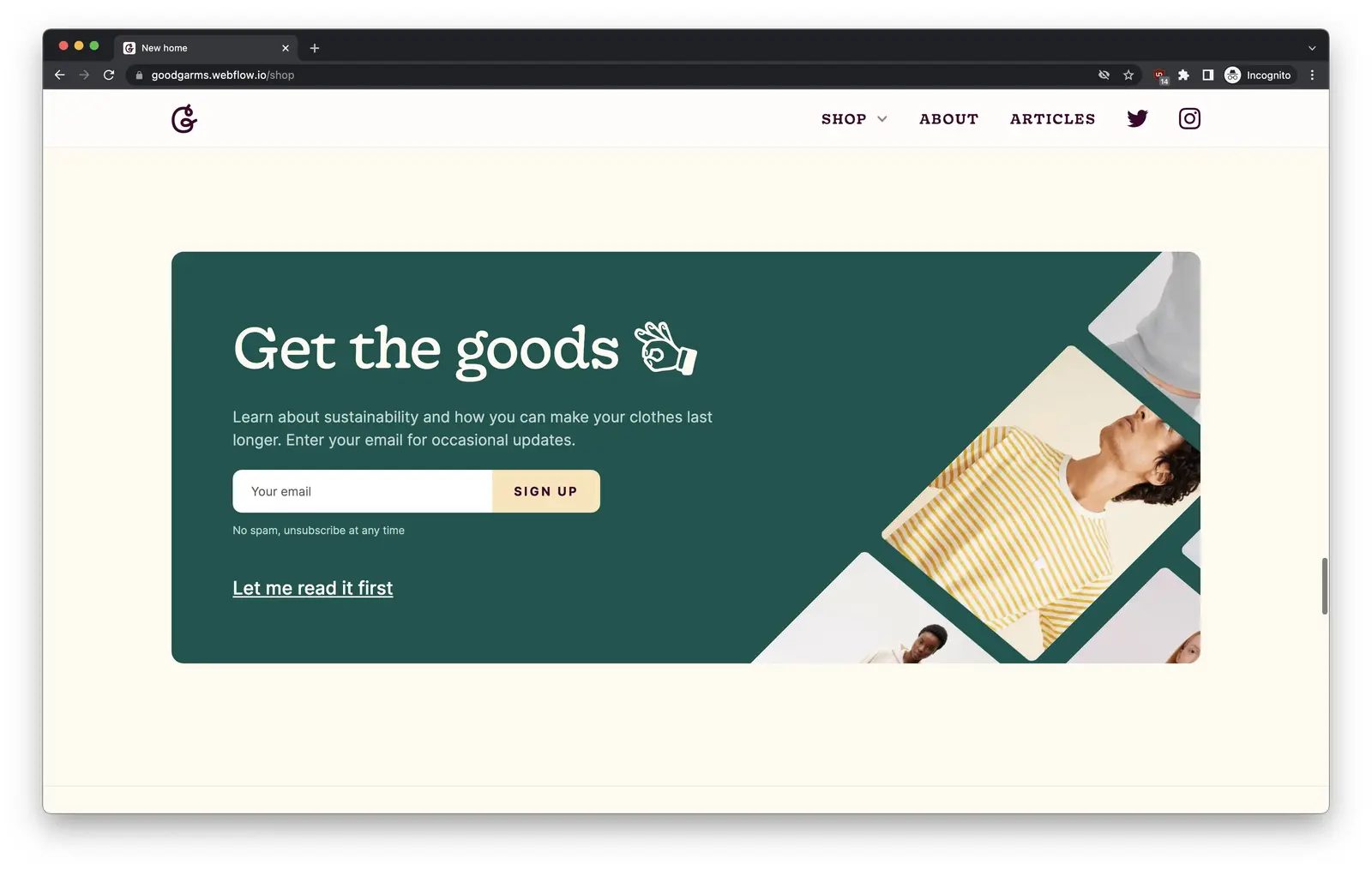 The email signup section after some refinement