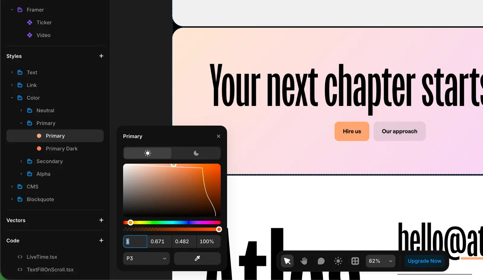 The Assets panel in Framer with a brand colour variable open in the colour picker. Changing the hex here updates every element that references the variable.