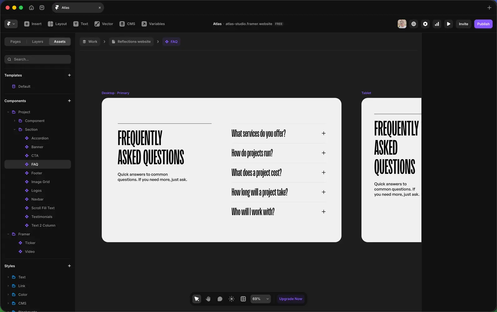 The Components panel in the Atlas template with the FAQ component selected. Components are identified by a purple icon in the layers panel and a purple outline on the canvas.