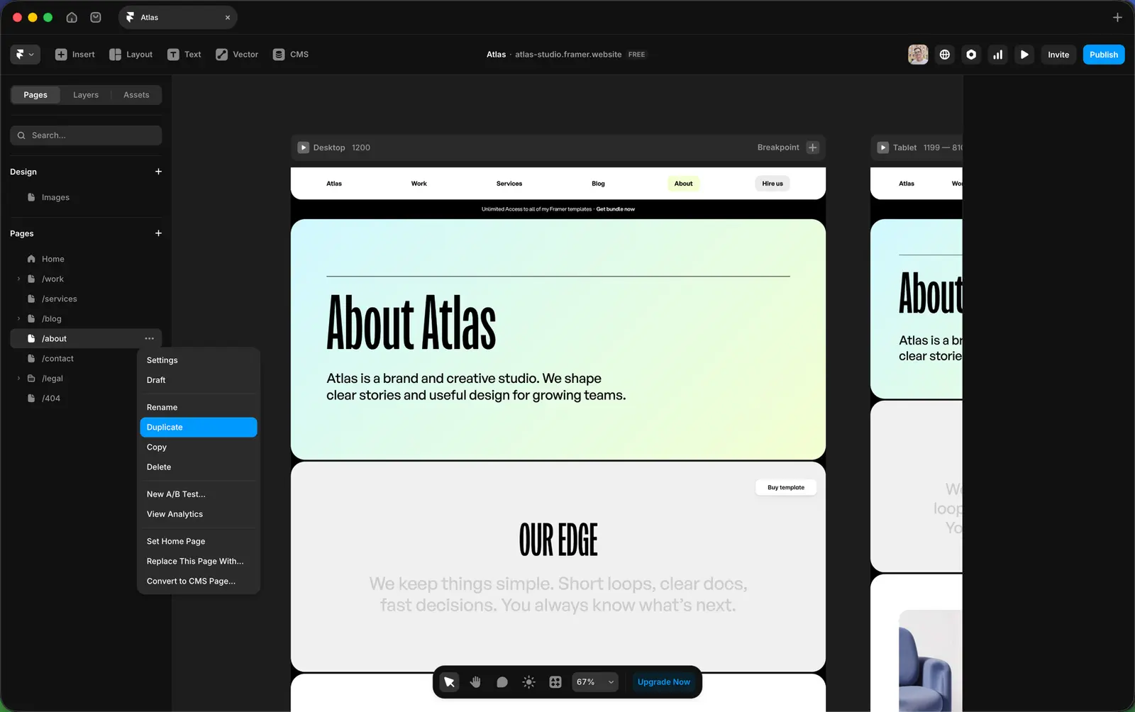 The Pages panel in the Atlas template with a right-click context menu on the About page showing Settings, Duplicate, Copy, Rename, Delete, and View Analytics options.