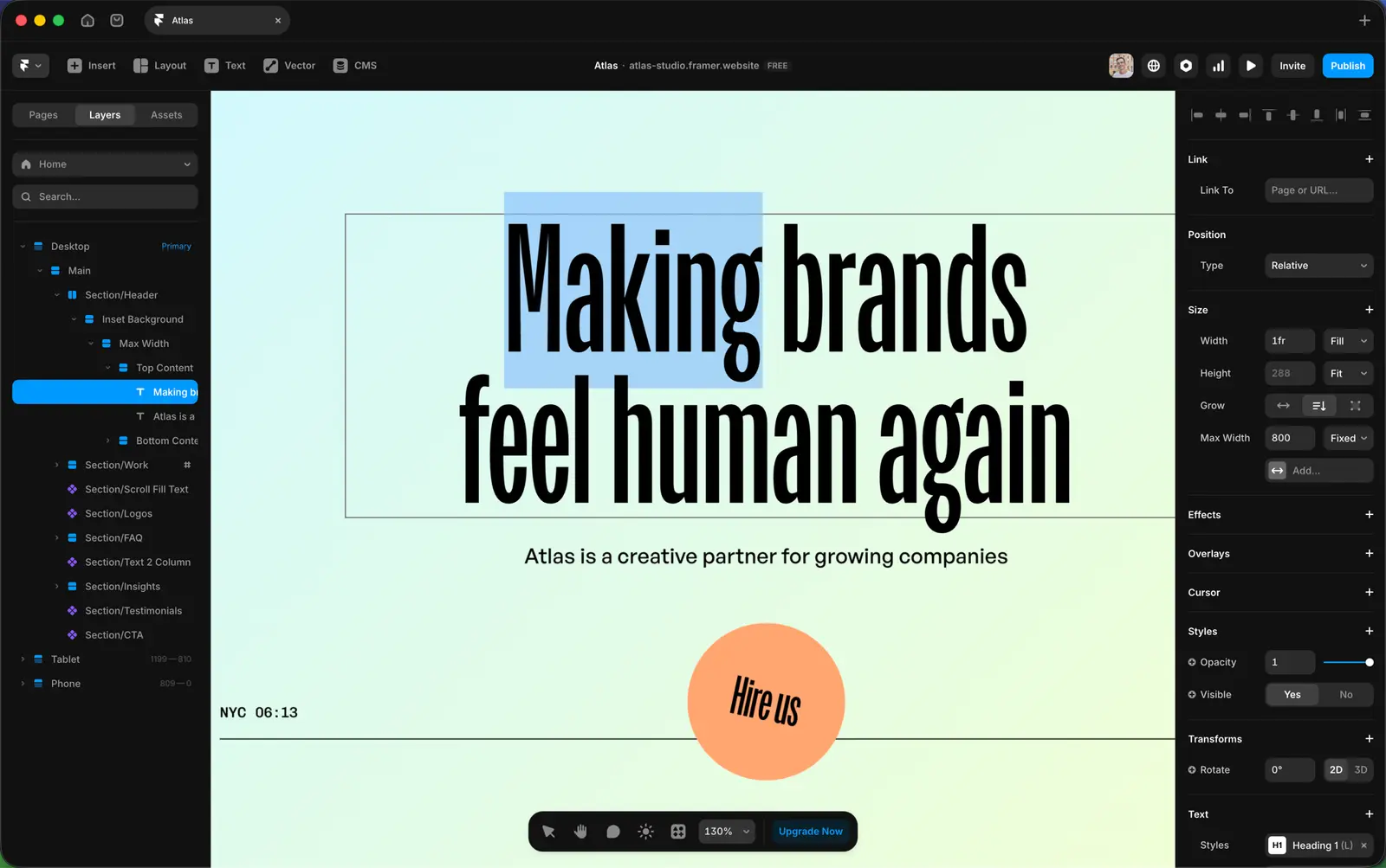 Editing hero copy directly in the canvas. A text block is selected and can be edited inline by double-clicking.