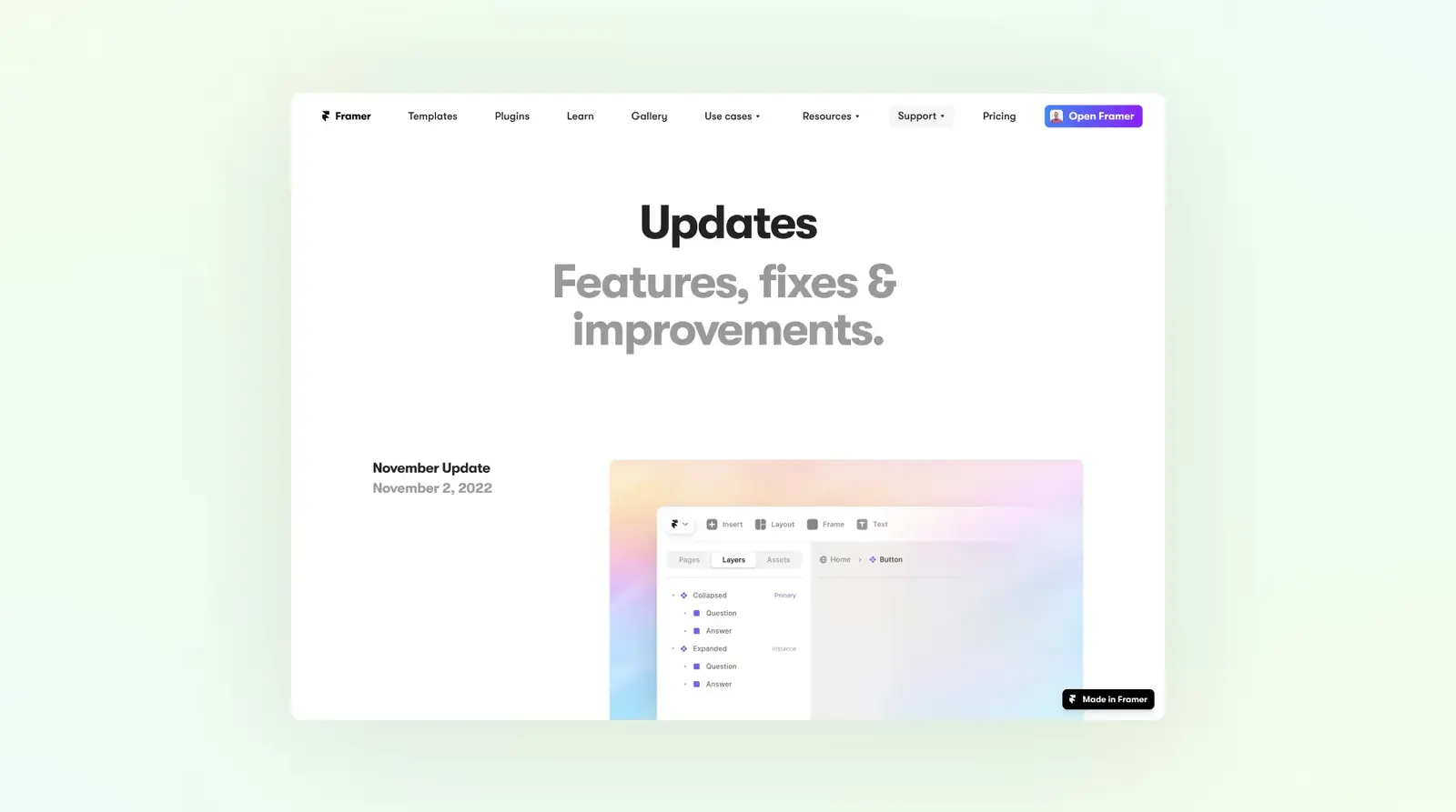Framer's changelog page