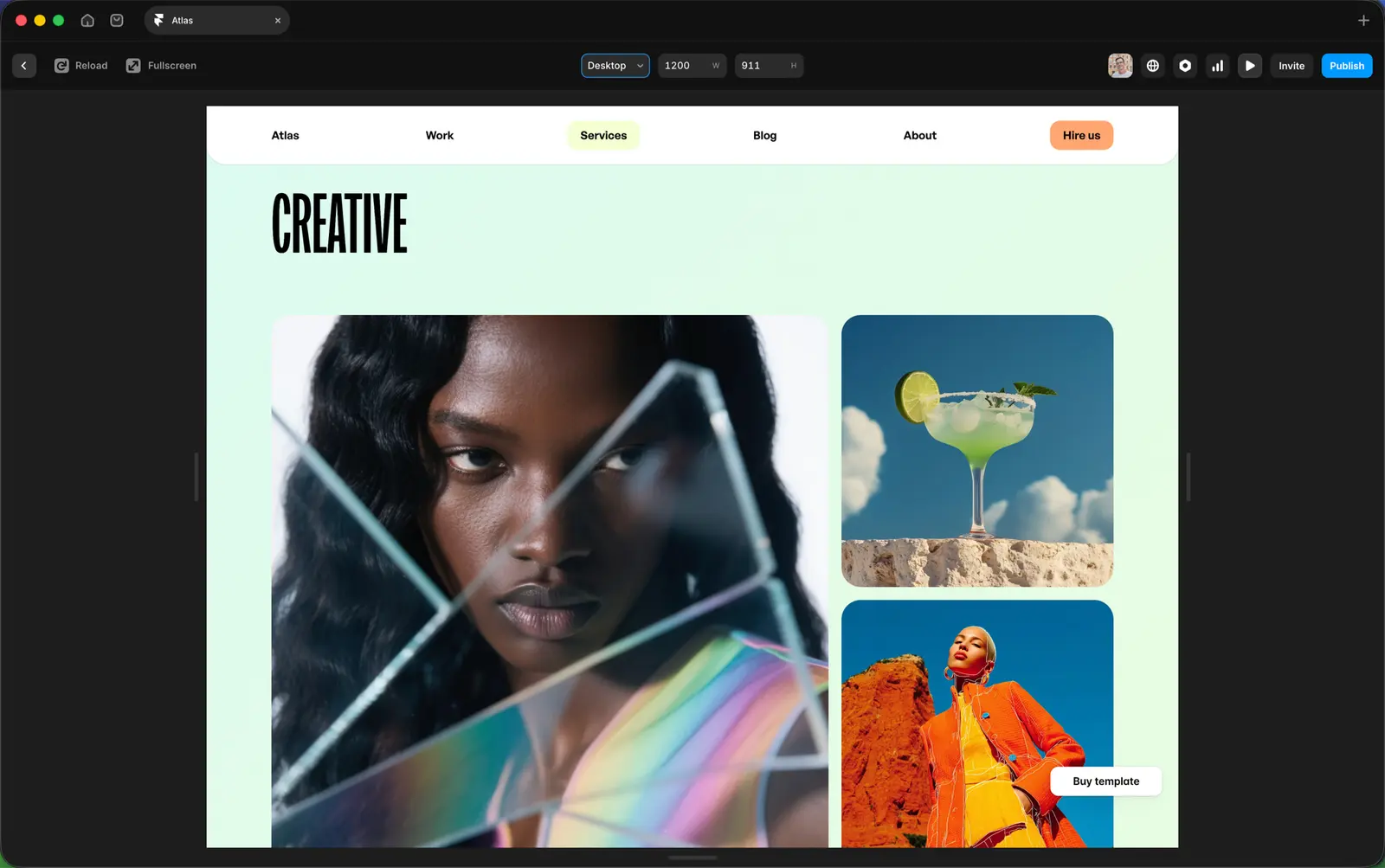The breakpoint switcher at the top of the Atlas template preview. Desktop, Tablet, and Mobile views are accessible from here, along with size controls for each.
