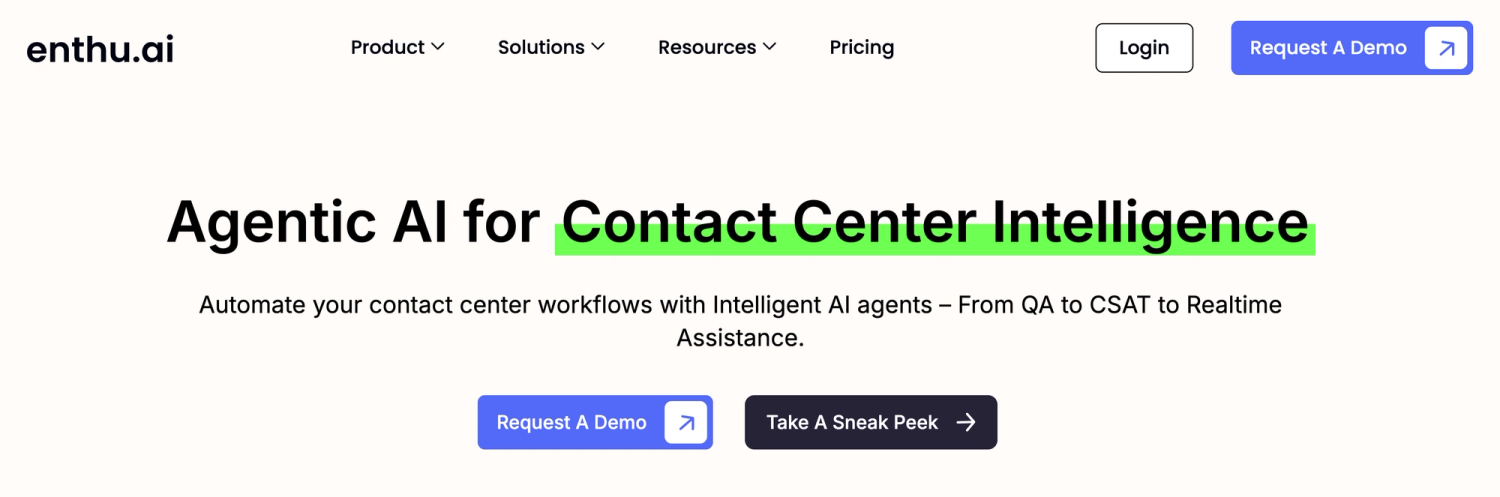 Enthu.ai homepage: Agentic AI for Contact Center Intelligence