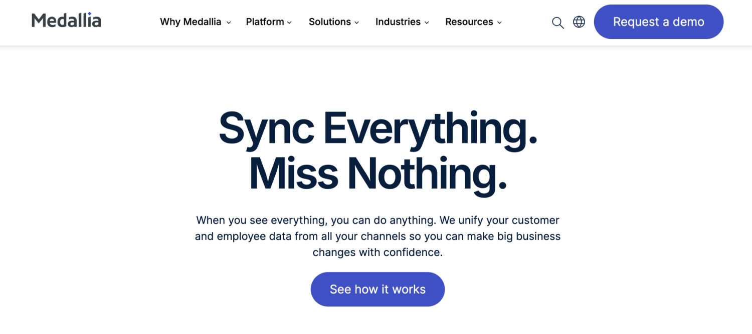 Medallia homepage: Sync Everything. Miss Nothing.