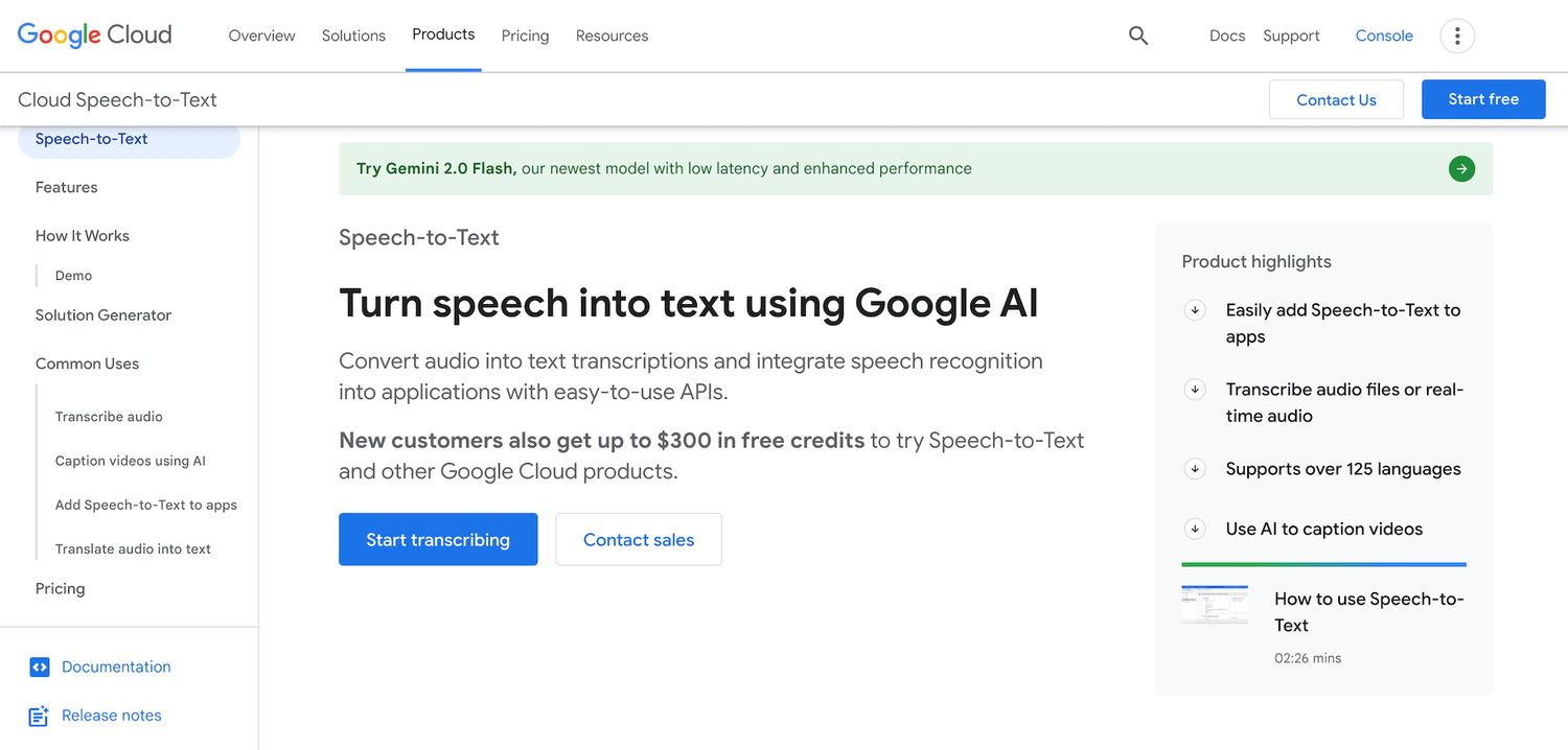 Google Cloud Speech-to-Text homepage
