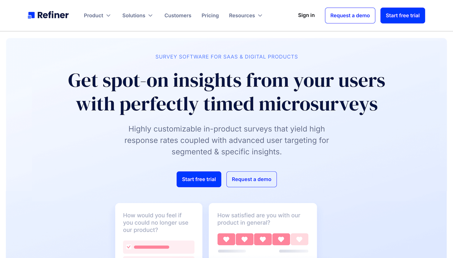 Refiner homepage: Get spot-on insights from your users with perfectly timed microsurveys